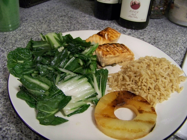 SO MUCH BOK CHOY, brown rice, grilled pineapple, and teriyaki soy salmon.